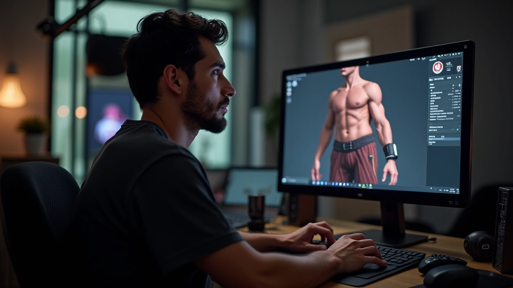 Person sitting at workstation with graphics tablet and large curved monitor displaying 3D character model with detailed textures and materials