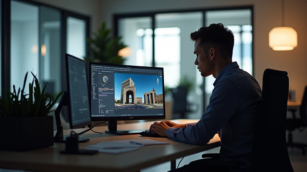 Architect working at a desk with computer monitor displaying a 3D lit scene, using a mouse and keyboard, professional workspace with natural light from window