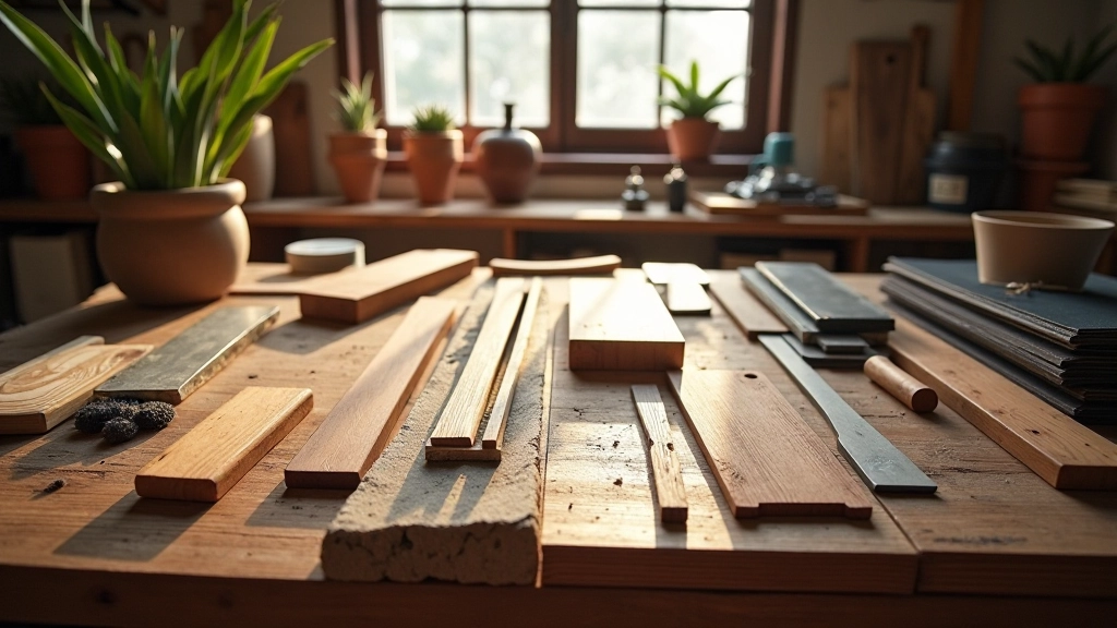Real-world material samples including wood, metal, plastic, and fabric arranged on a workbench with measurement tools and reference photos