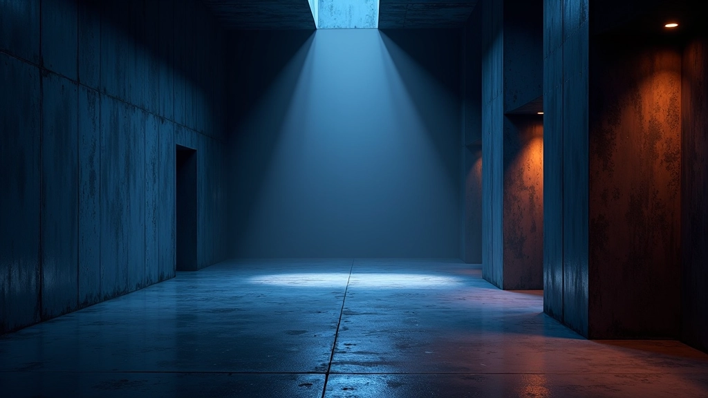 Dark interior space with multiple light sources creating dramatic shadows and colored lighting effects on architectural surfaces and walls