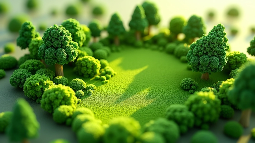 Overhead view of a 3D environment showing diverse vegetation placement including trees, bushes, and ground cover scattered across rolling terrain