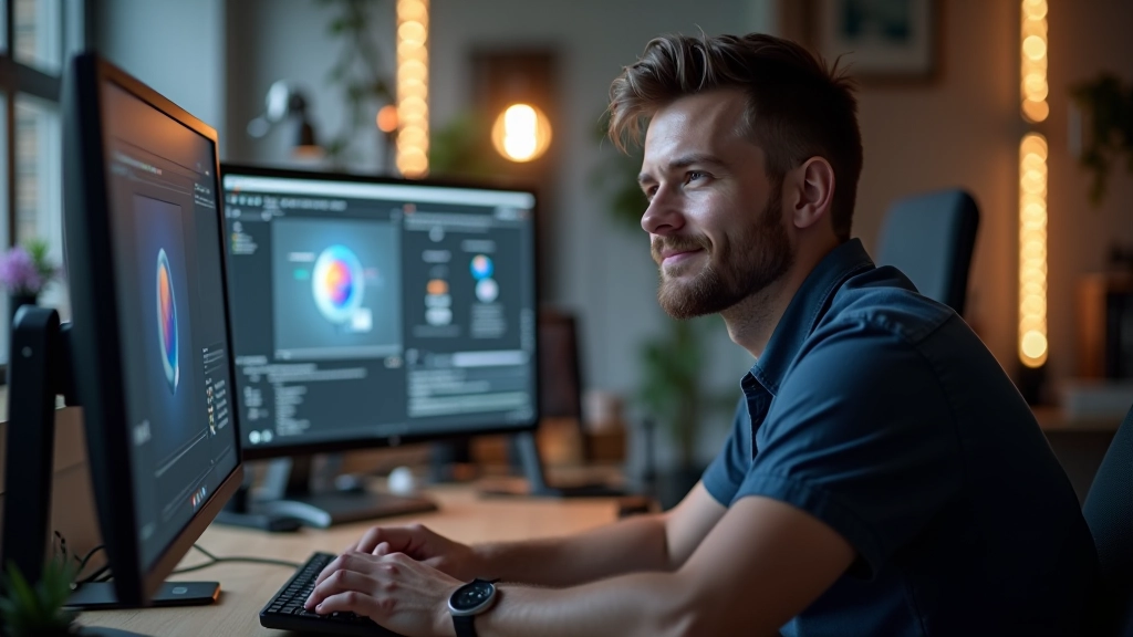 Professional 3D artist working at a high-end workstation with multiple monitors displaying material editor interface and texture maps, bright studio lighting, focused on the screen