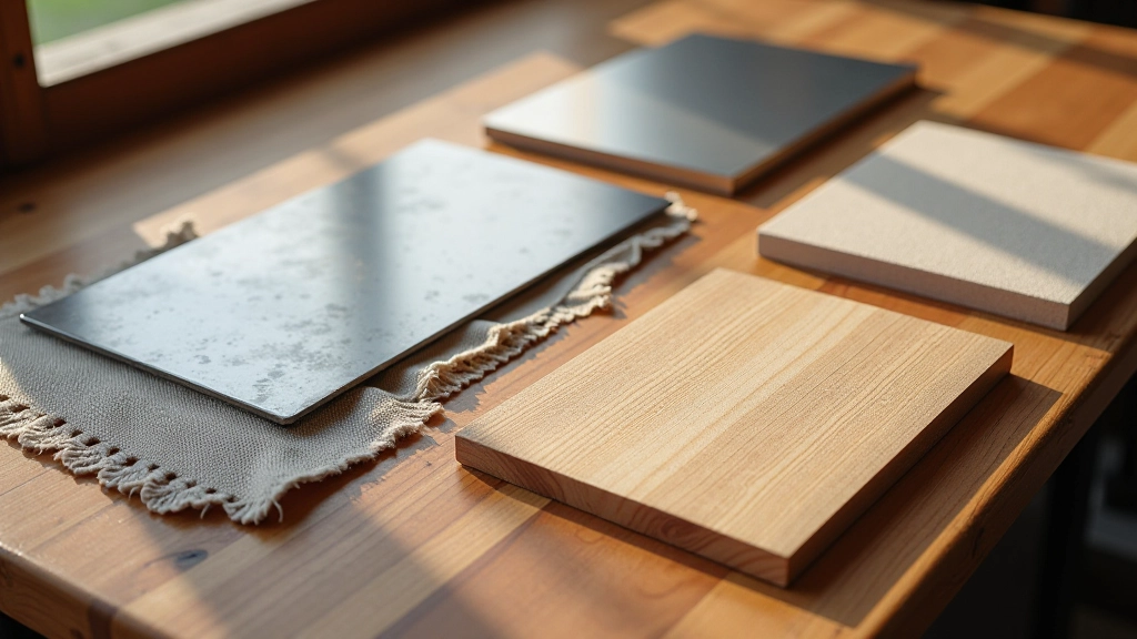 Close-up of material samples and texture swatches showing different surface finishes like metal, wood, plastic, and fabric with varied roughness and reflectivity