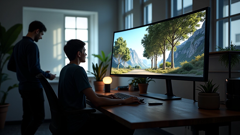 Modern 3D workspace with Unreal Engine interface showing a detailed virtual environment with lighting and materials