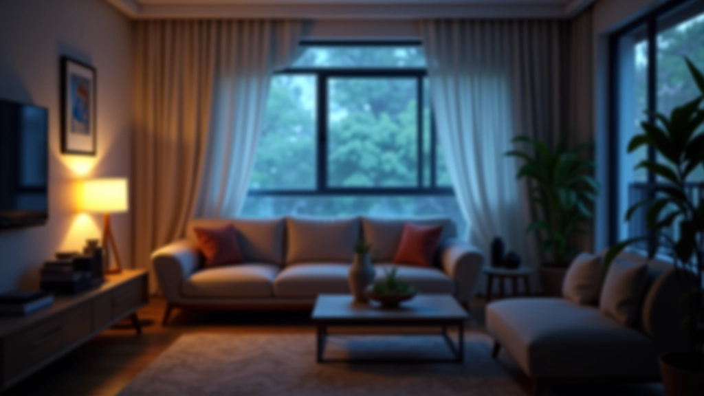 Modern living room interior with warm ambient lighting from floor lamp, cool blue light from window, creating contrast and depth in the furniture arrangement