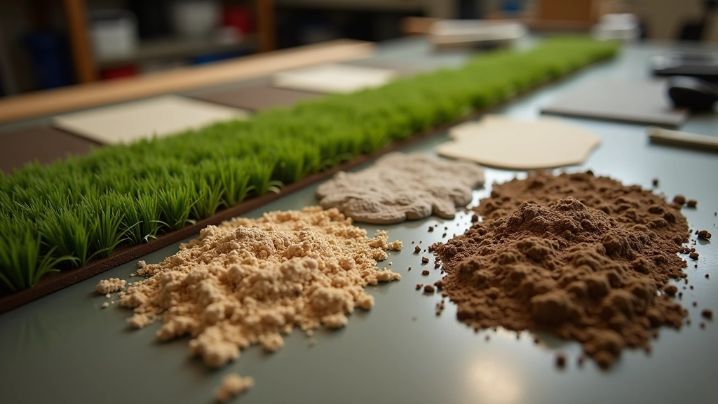 Material editor showing texture samples and layer blending settings for terrain surface materials including grass, dirt, and rock textures
