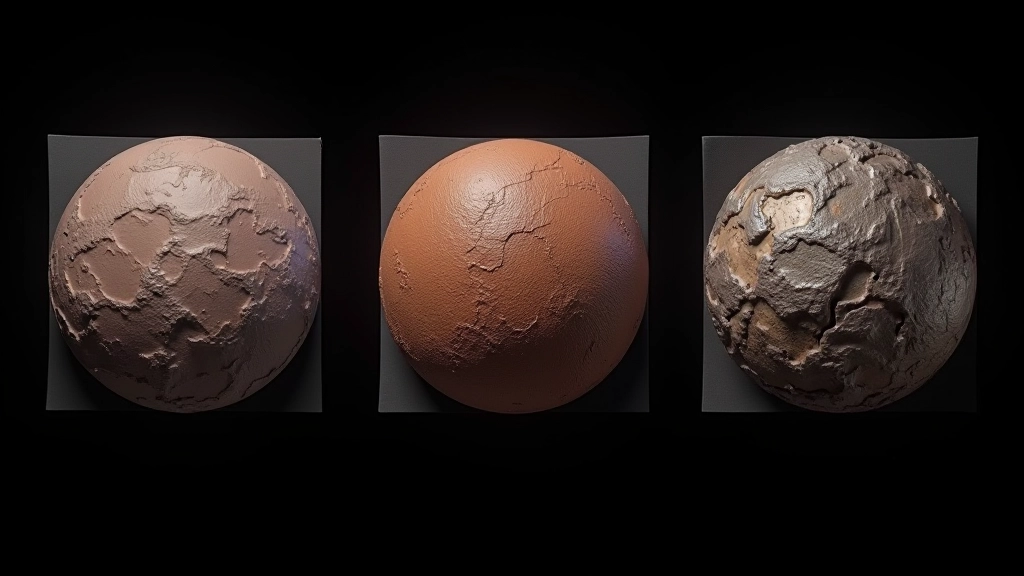 Three texture maps displayed side by side showing base color, roughness gradient, and metallic maps for a corroded metal surface with varying properties