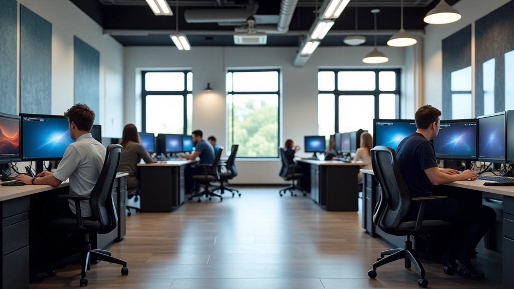Modern training facility interior with workstations, equipment, and collaborative learning space