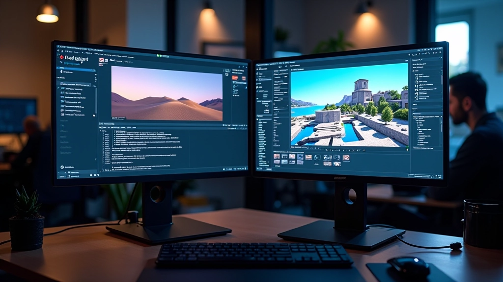 Computer monitor displaying 3D modeling software with a detailed environment scene and wireframe grid visible on screen